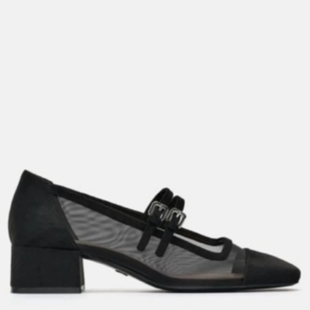 Zara Black Mesh Squared Toe Block Heeled Mary Jane’s Sz 37 (6.5)